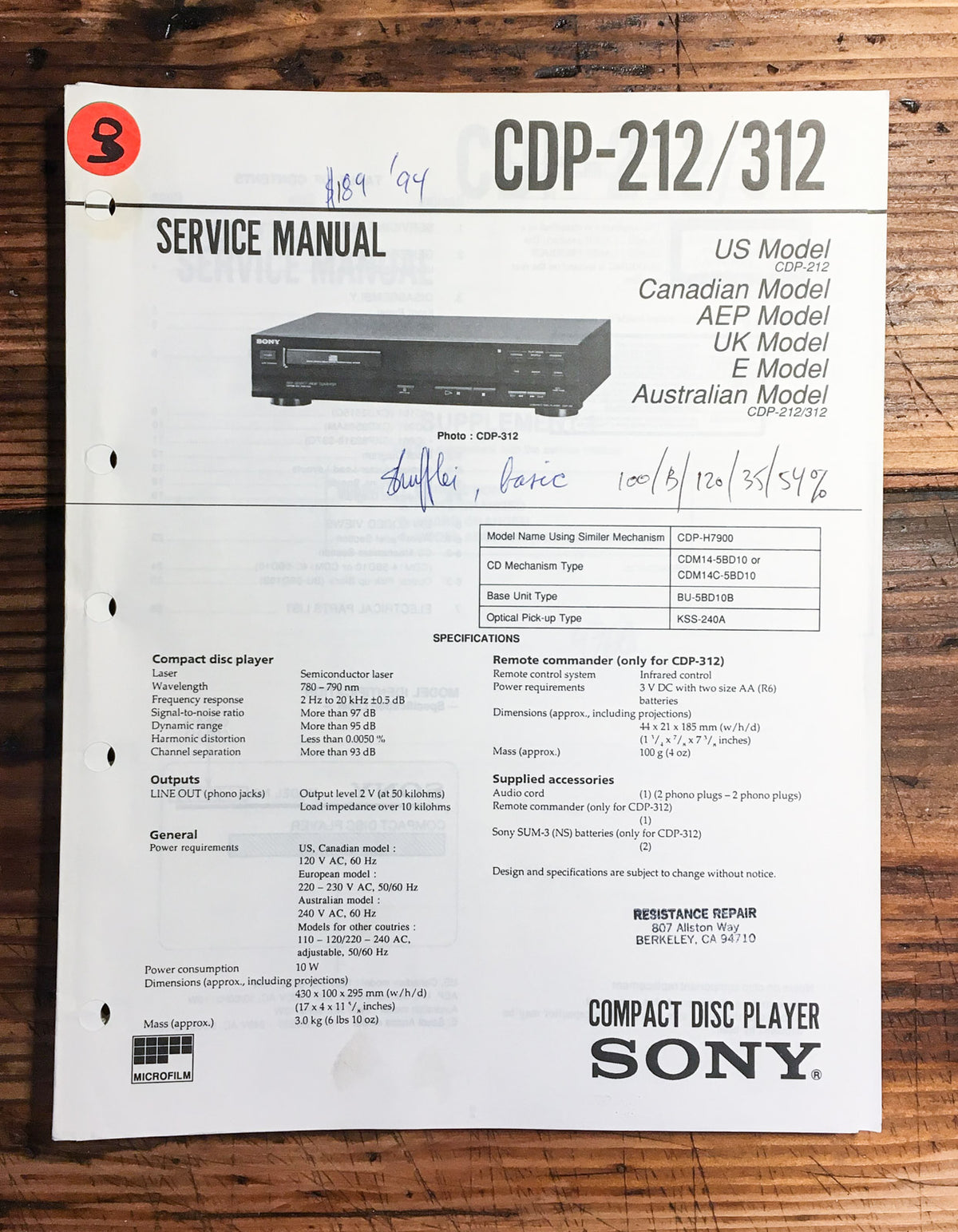 Sony CDP-212 CDP-312 CD Player Service Manual *Original*