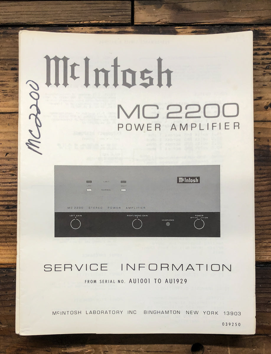 McIntosh MC2200 MC-2200 Amplifier Service Manual *Original*