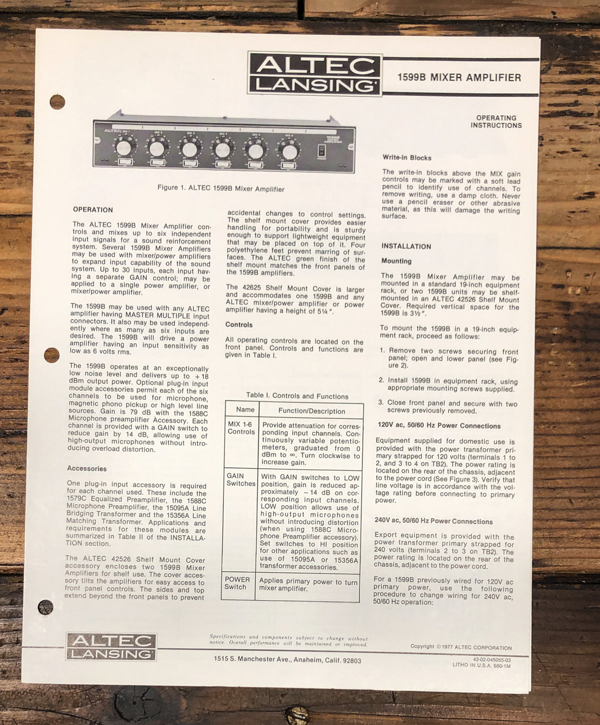 Altec Model 1599B Mixer Amplifier Owners / User Manual *Original*