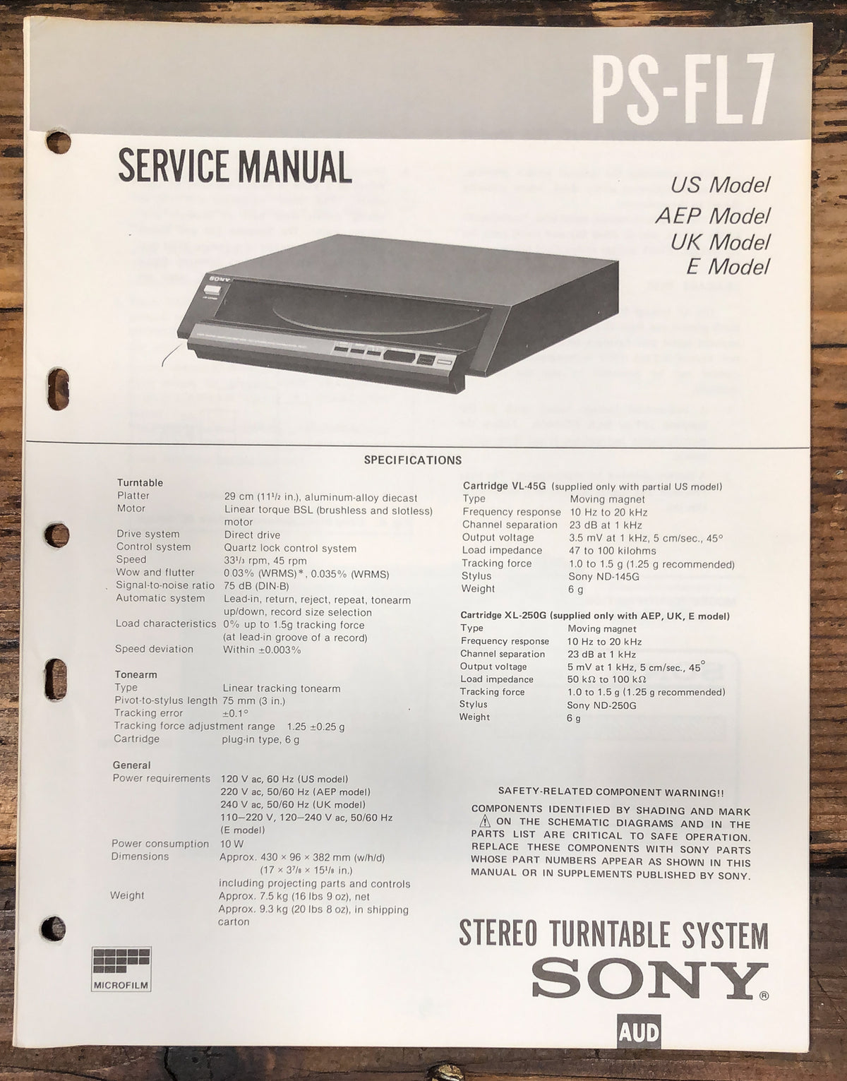 Sony PS-FL7 Record Player / Turntable Service Manual *Original*