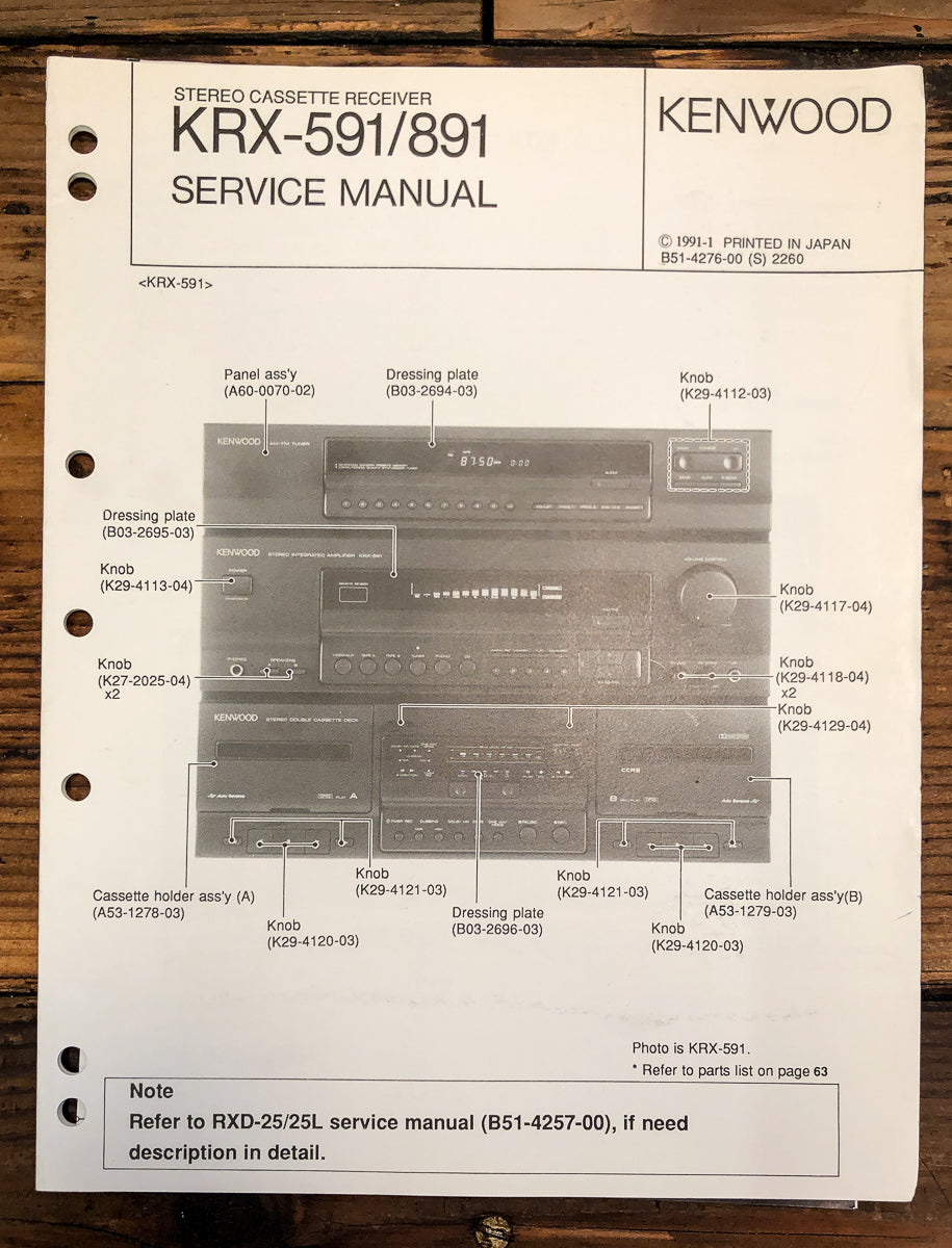 Kenwood KRX-591 KRX-891 Stereo Service Manual *Original*