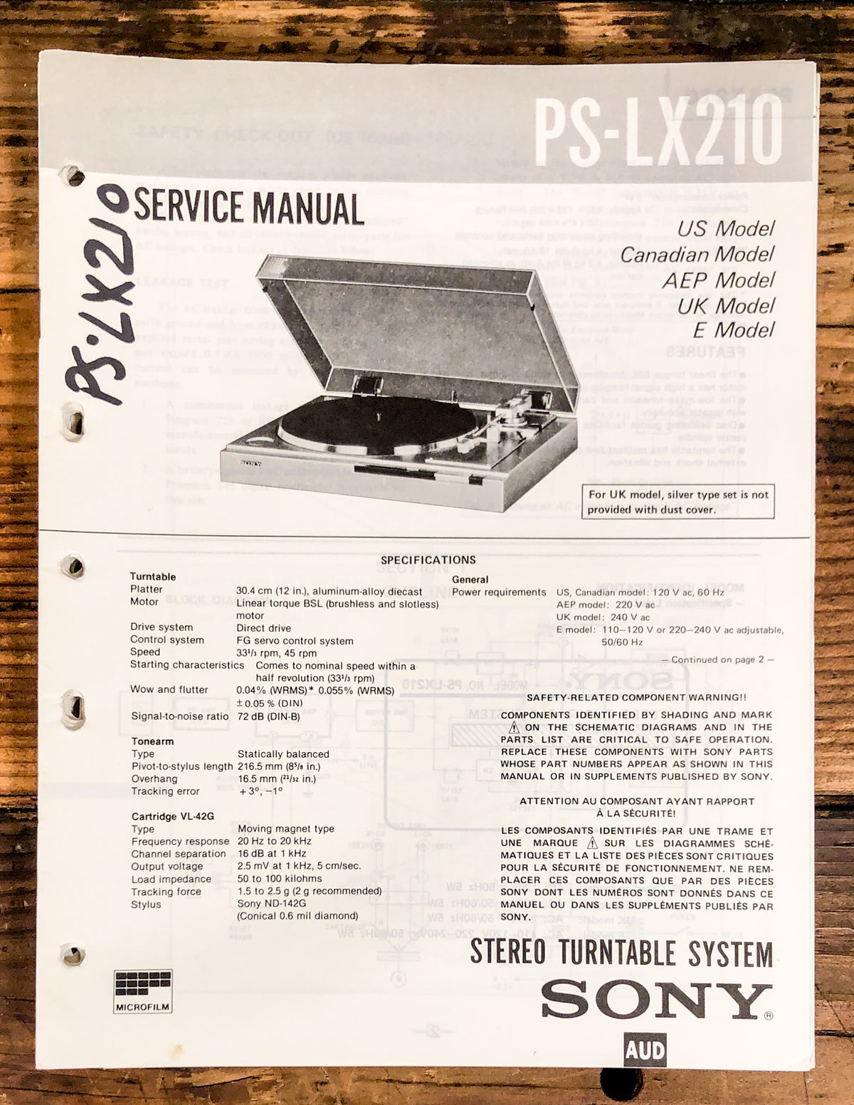 Sony PS-LX210 Record Player / Turntable Service Manual *Original*