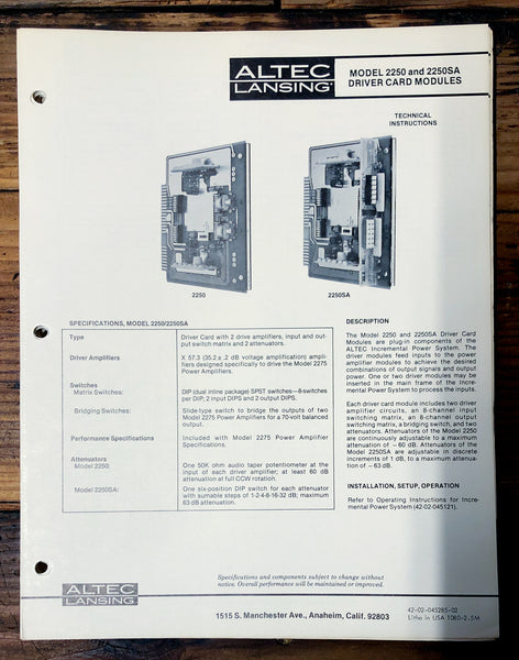 Altec Model 2250 2250SA Module  Owners Manual & Schematic *Orig*