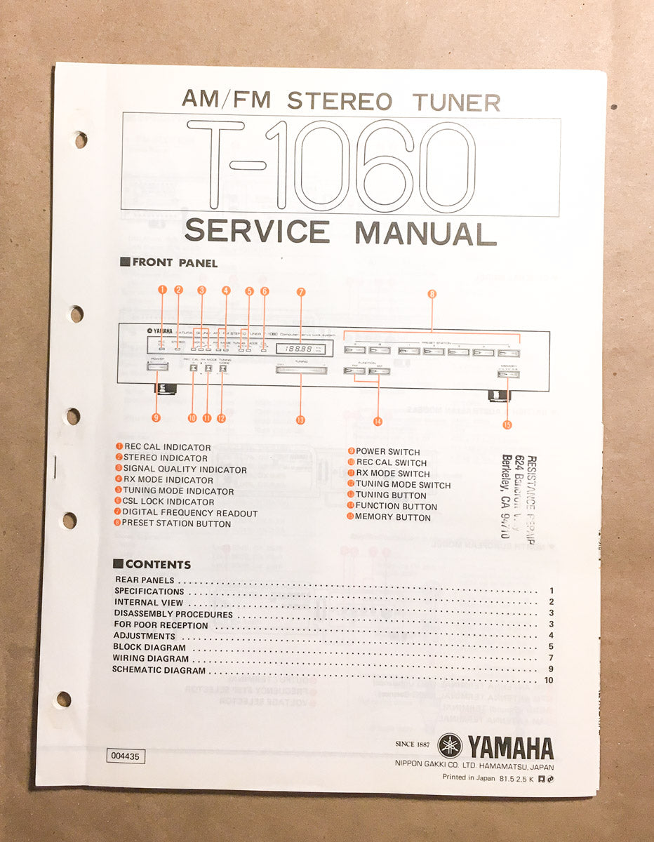 Yamaha T-1060 Tuner Service Manual *Original*