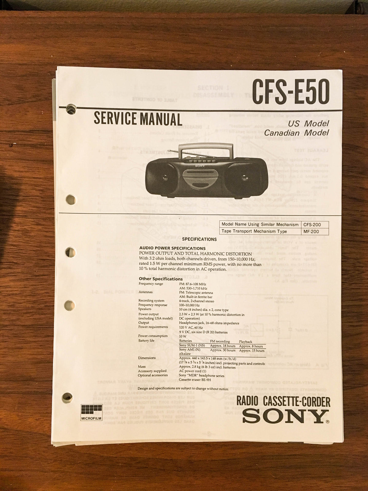 Sony CFS-E50 RADIO CASSETTE Service Manual *Original*