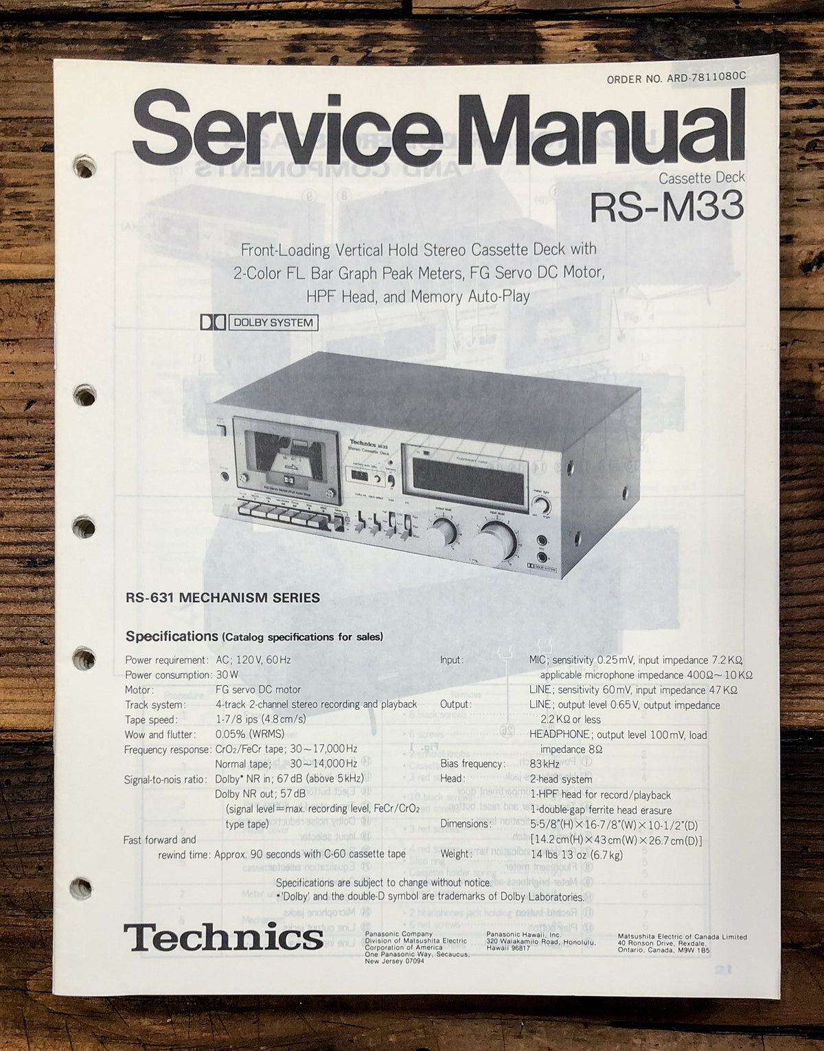 Technics RS-M33 Cassette Service Manual *Original*