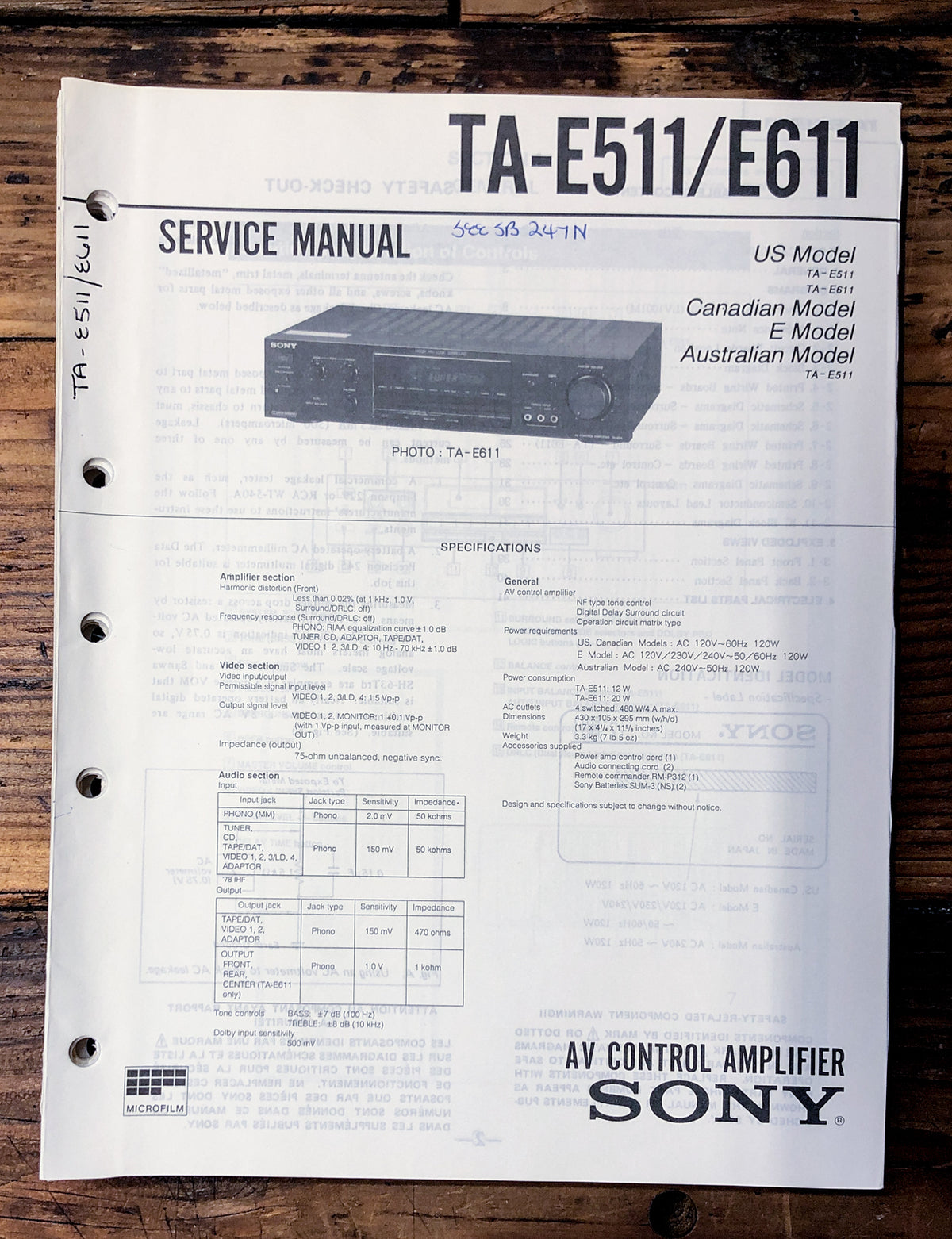 Sony TA-E511 TA-E611 Preamp / Preamplifier Service Manual *Original*