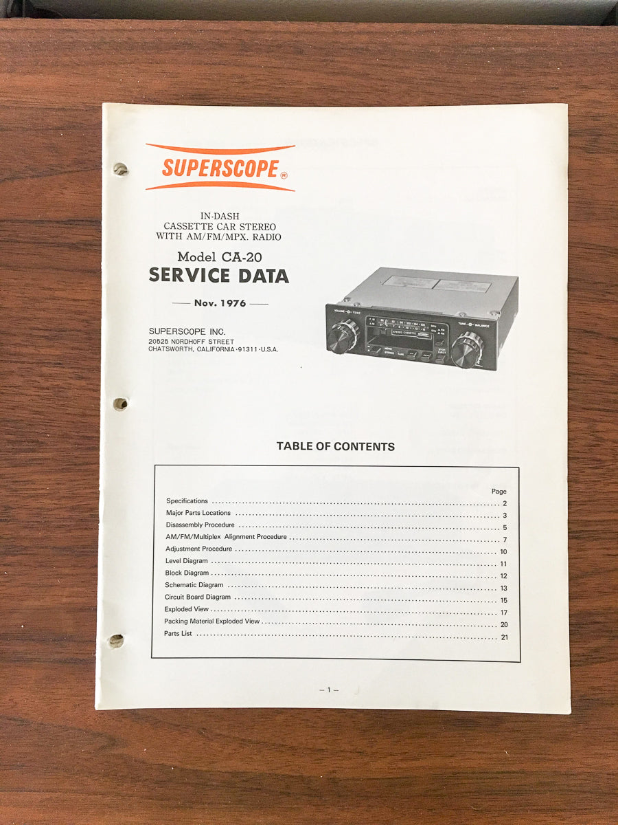 Superscope CA-20 Cassette Player Service Manual *Original*