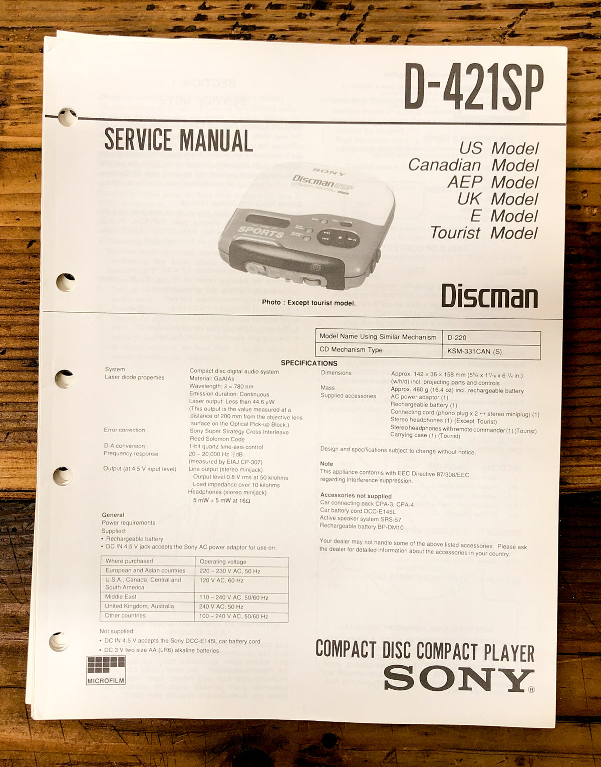 Sony D-421SP CD Player / Discman Service Manual *Original*