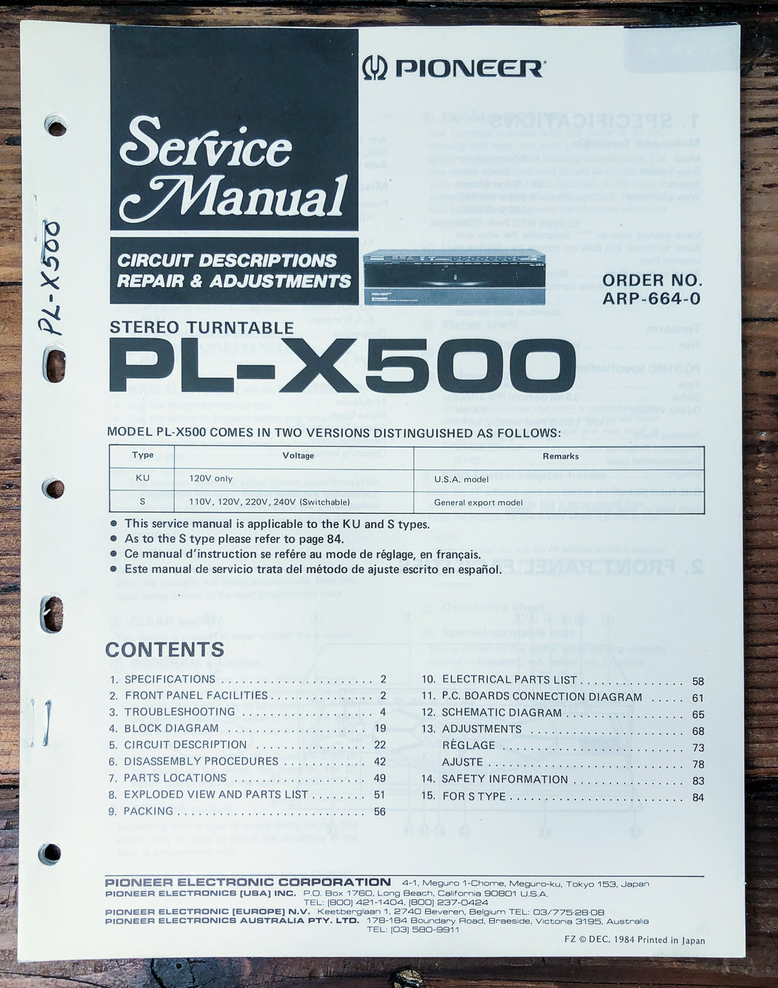 Pioneer PL-X500 Turntable Service Manual *Original*