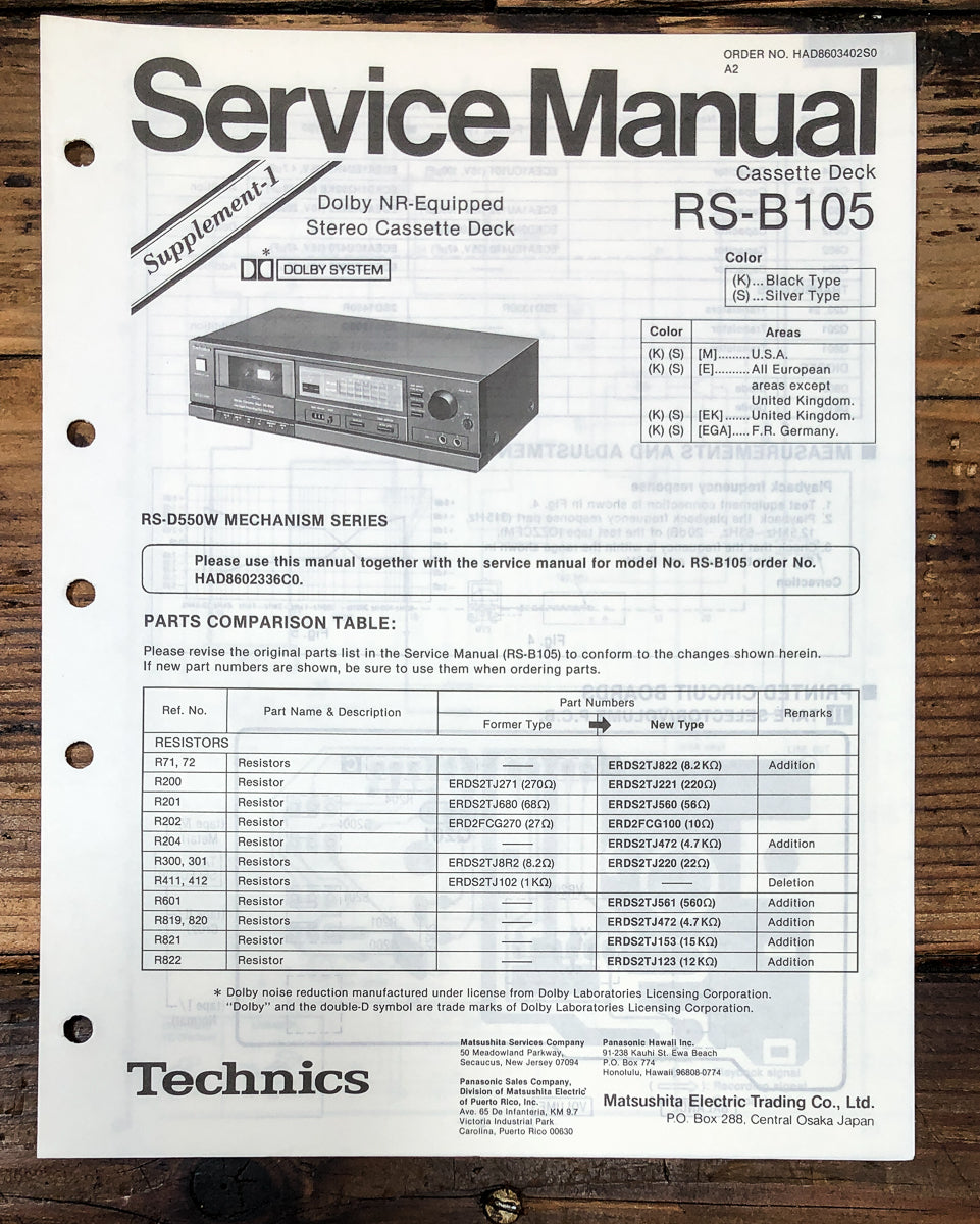 Technics RS-B105 Cassette Supp. Service Manual *Original*