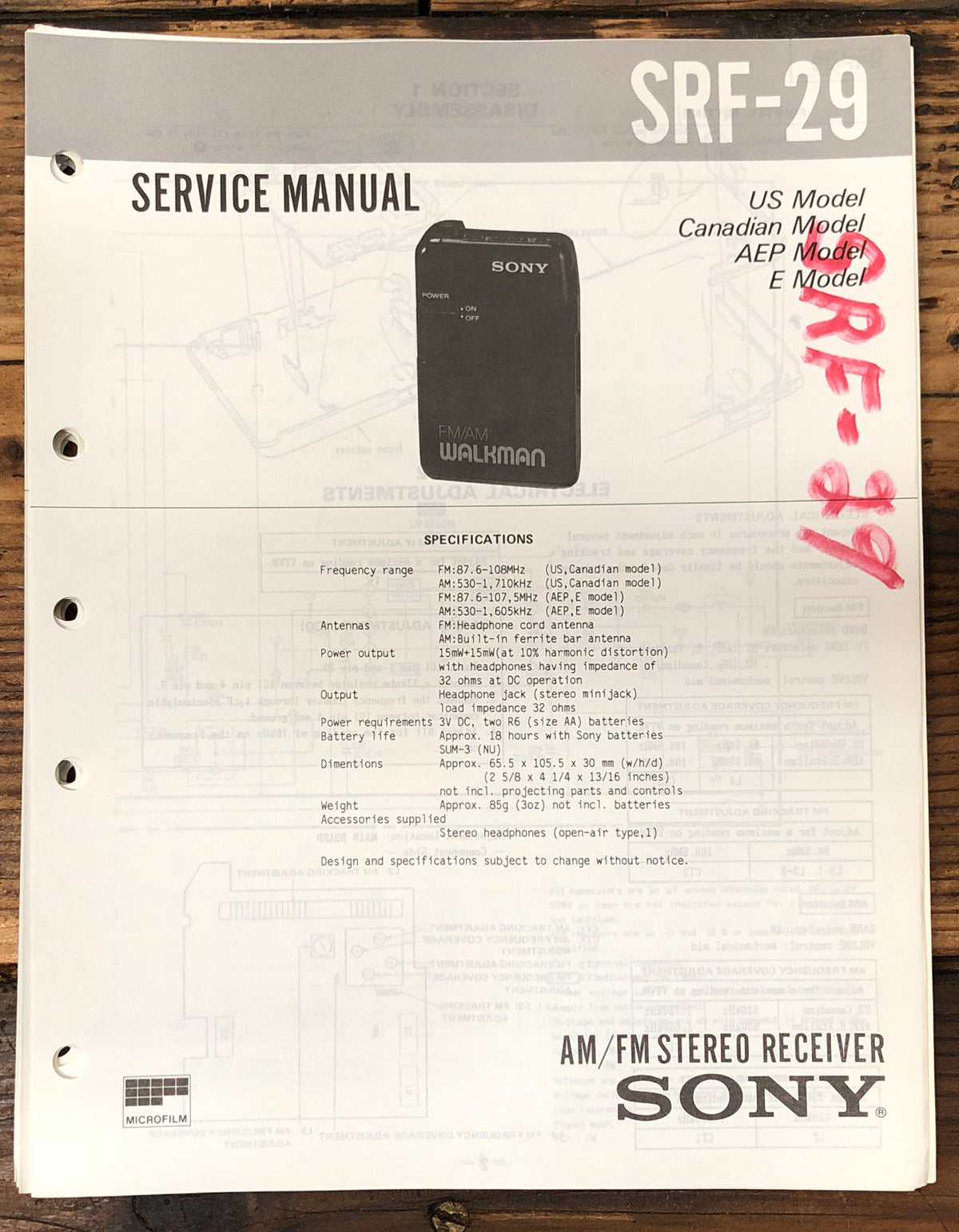 Sony SRF-29 Portable Radio / Receiver Service Manual *Original*