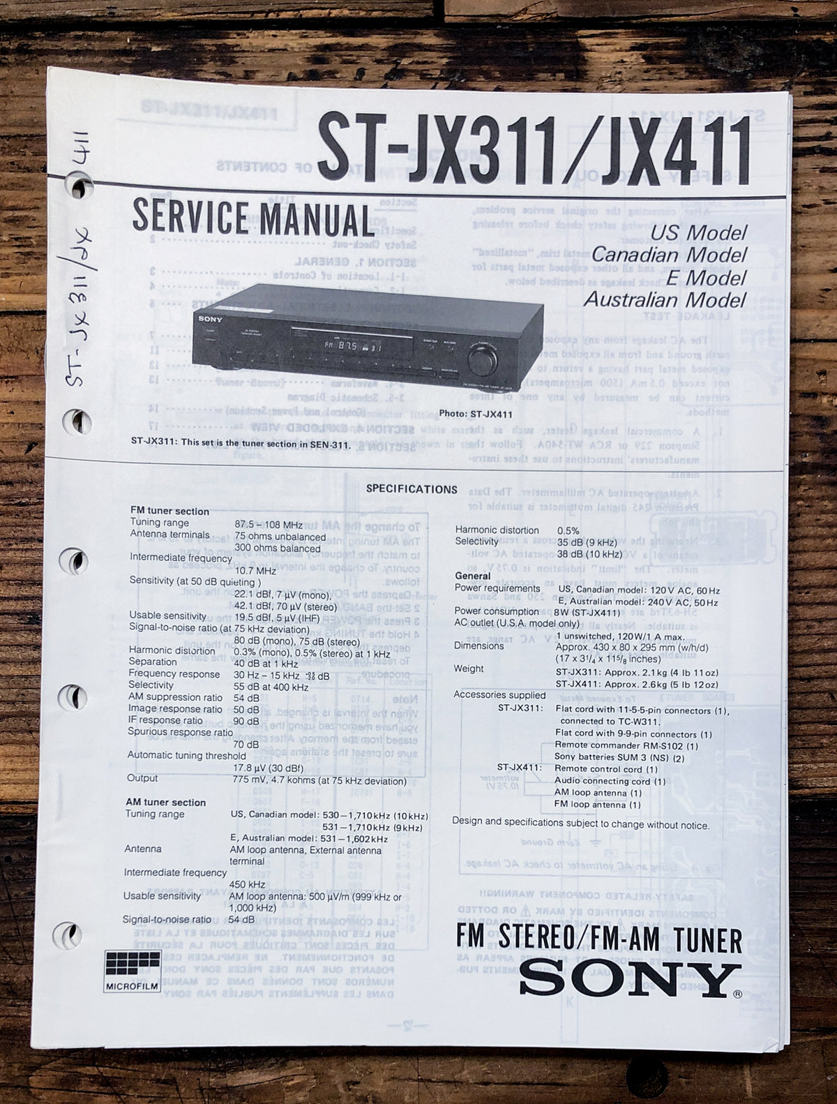 Sony ST-JX311 ST-JX411 Tuner Service Manual *Original*