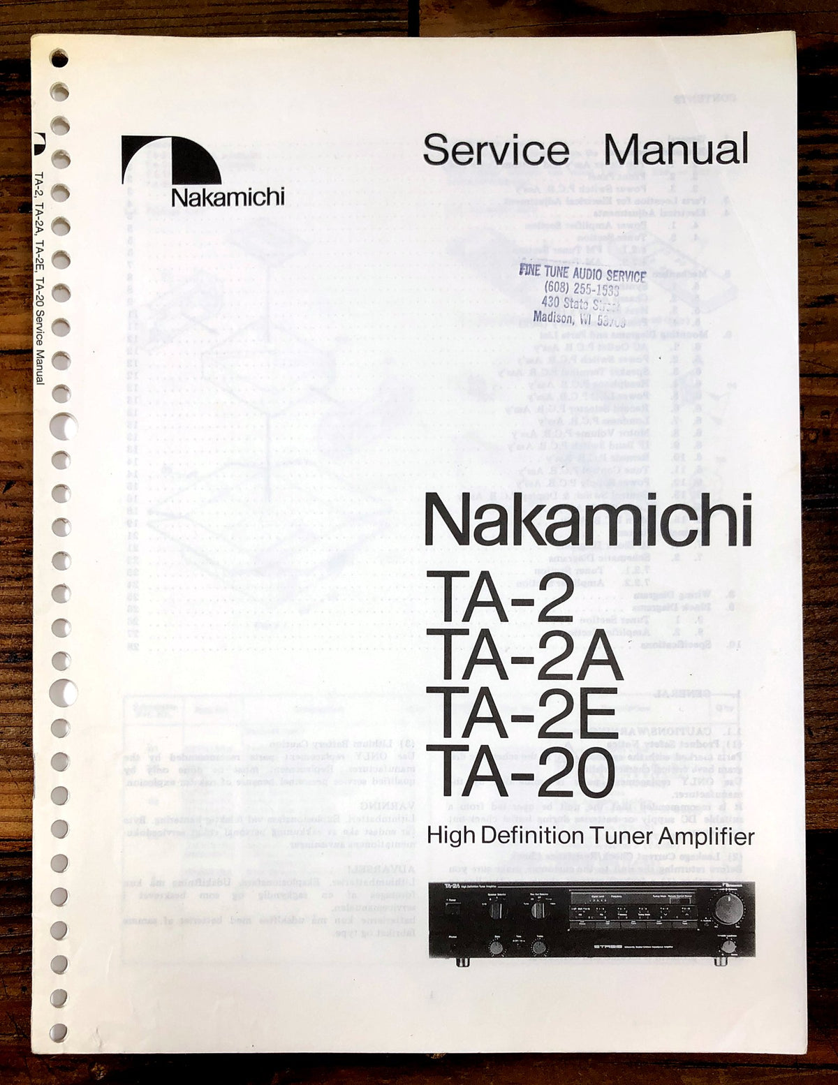 Nakamichi TA-2 High Definition Tuner Amplifier Service Manual *Original*