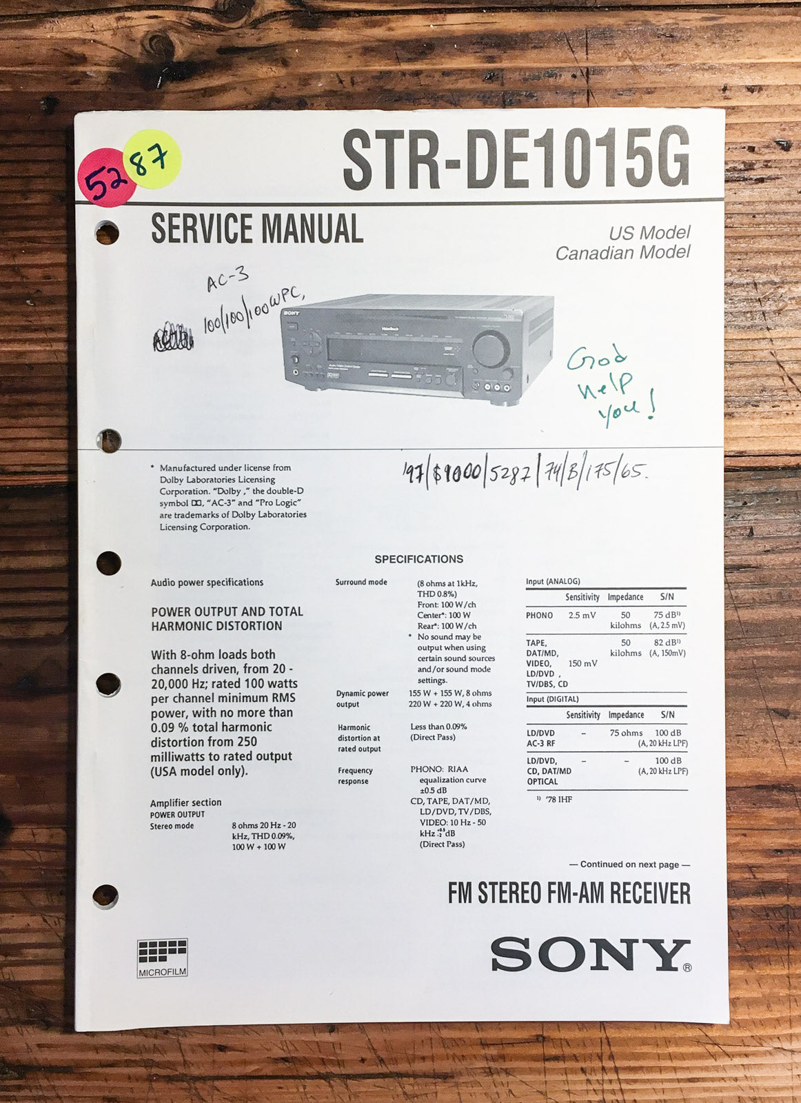 Sony STR-DE1015G Receiver Service Manual *Original*