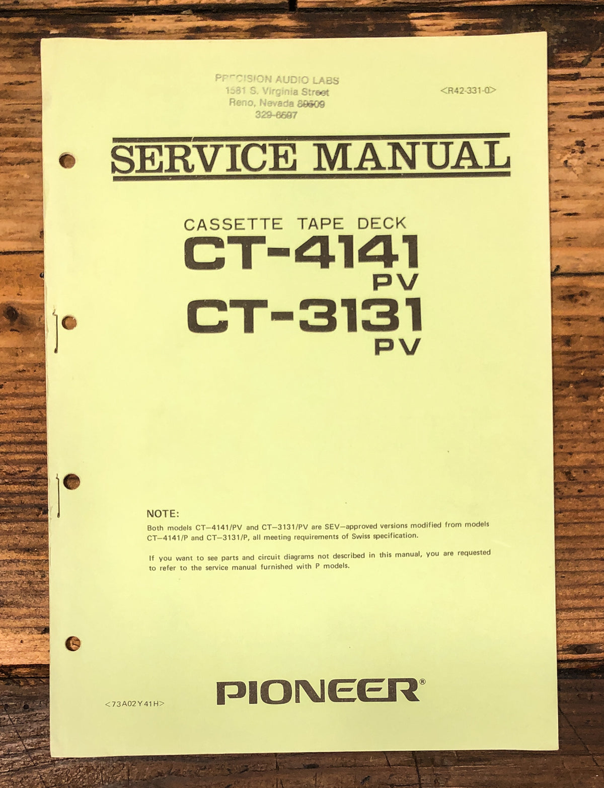 Pioneer CT-3131 CT-4141 Cassette Service Manual *Original*
