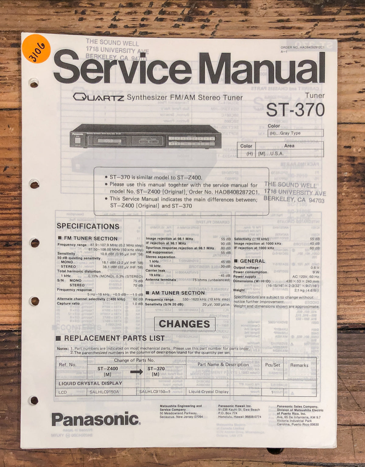 Technics ST-370 Tuner Service Manual *Original*