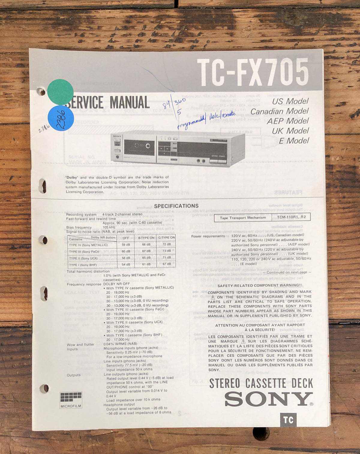 Sony TC-FX705 Cassette Service Manual *Original*
