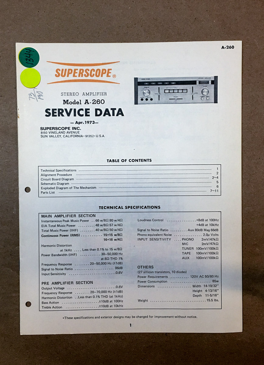Superscope A-260 Amplifier Service Manual *Original*