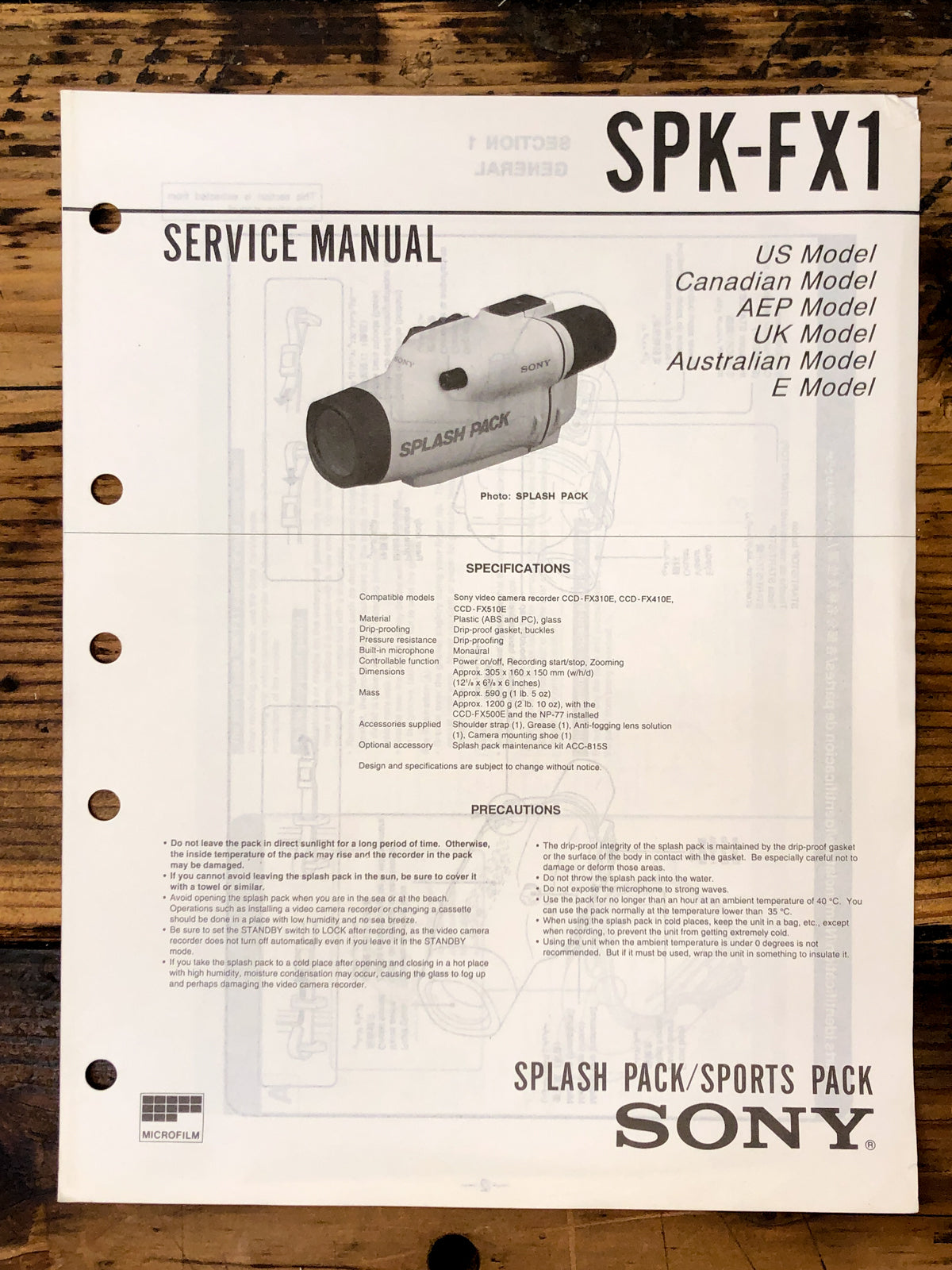 Sony SPK-FX1 Handycam Service Manual *Original*