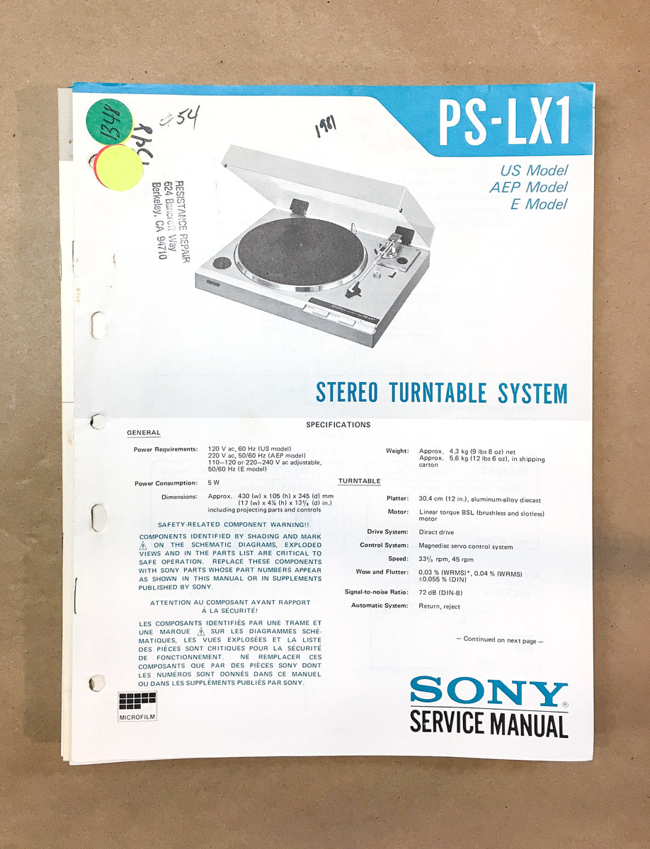Sony PS-LX1 Record Player / Turntable Service Manual *Original*