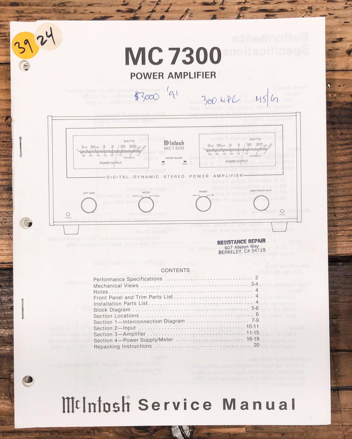 McIntosh MC7300 MC-7300 Amplifier Service Manual *Original*