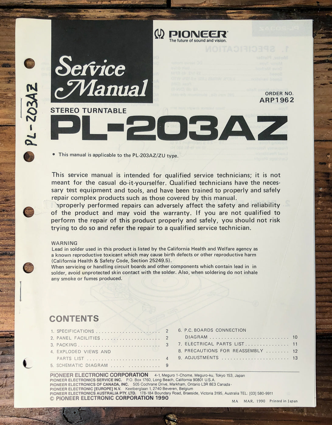 Pioneer PL-203AZ Turntable Service Manual *Original*