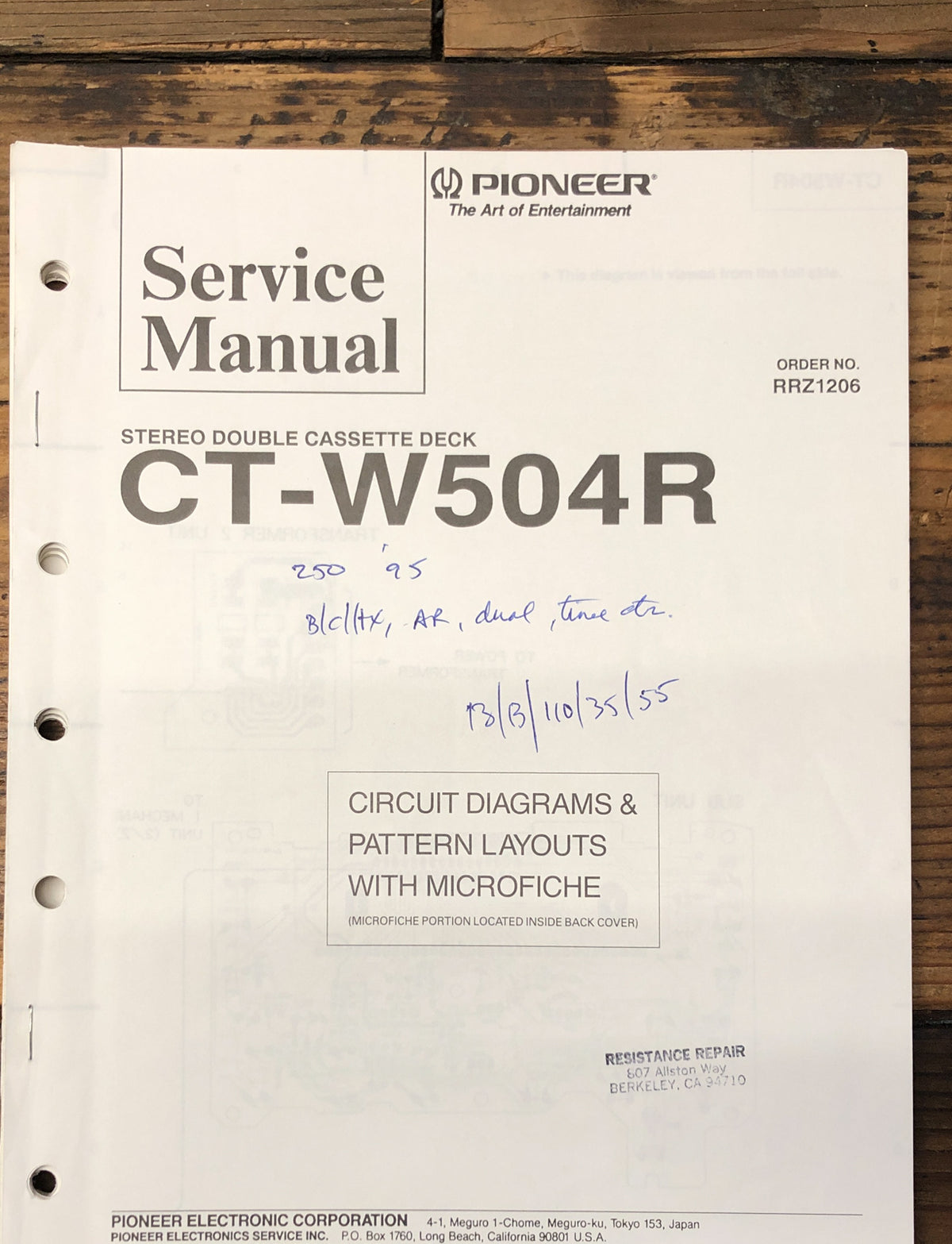 Pioneer CT-W504R Cassette Service Manual *Original*