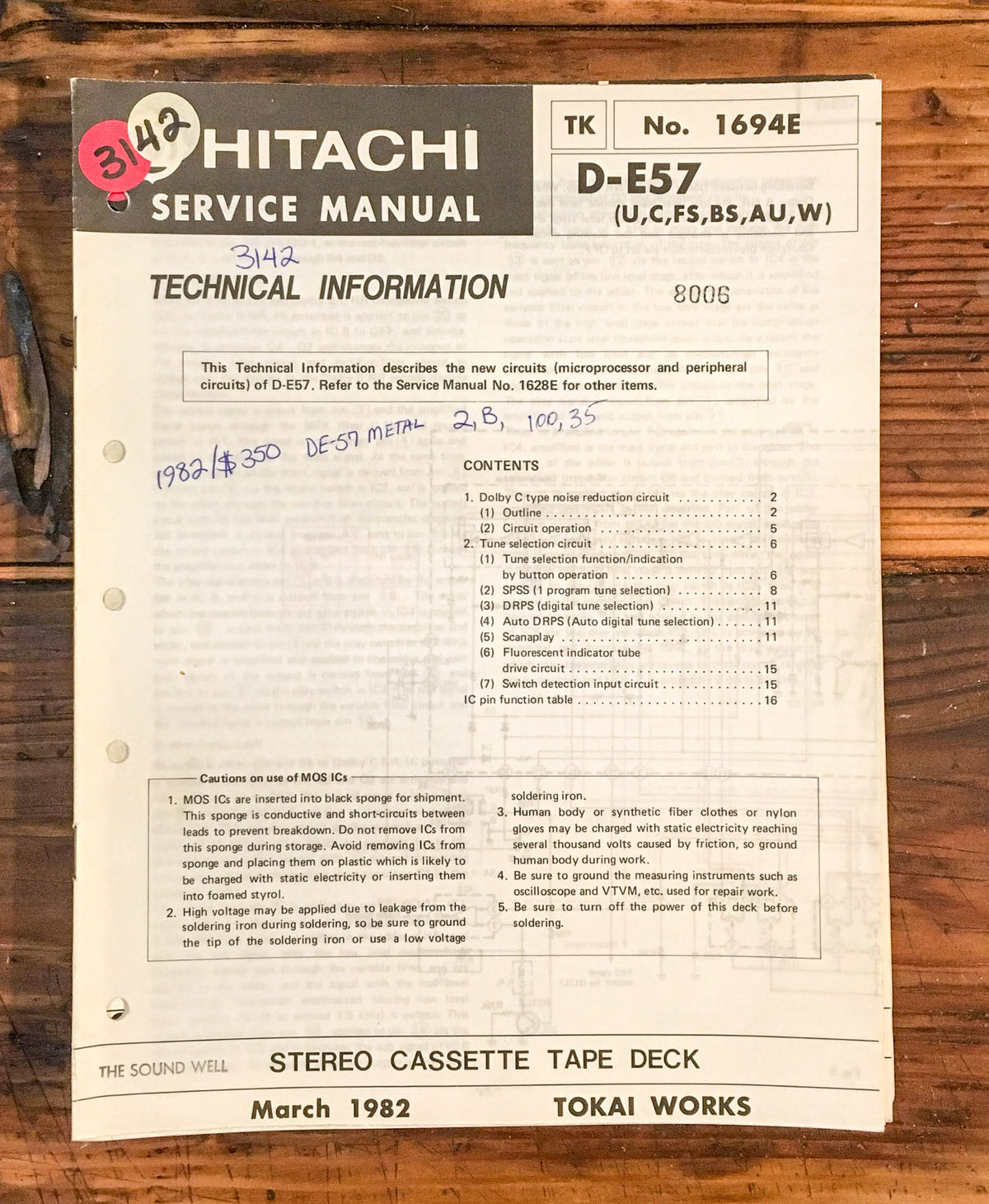 Hitachi D-E57 Cassette Deck Service Manual *Original*