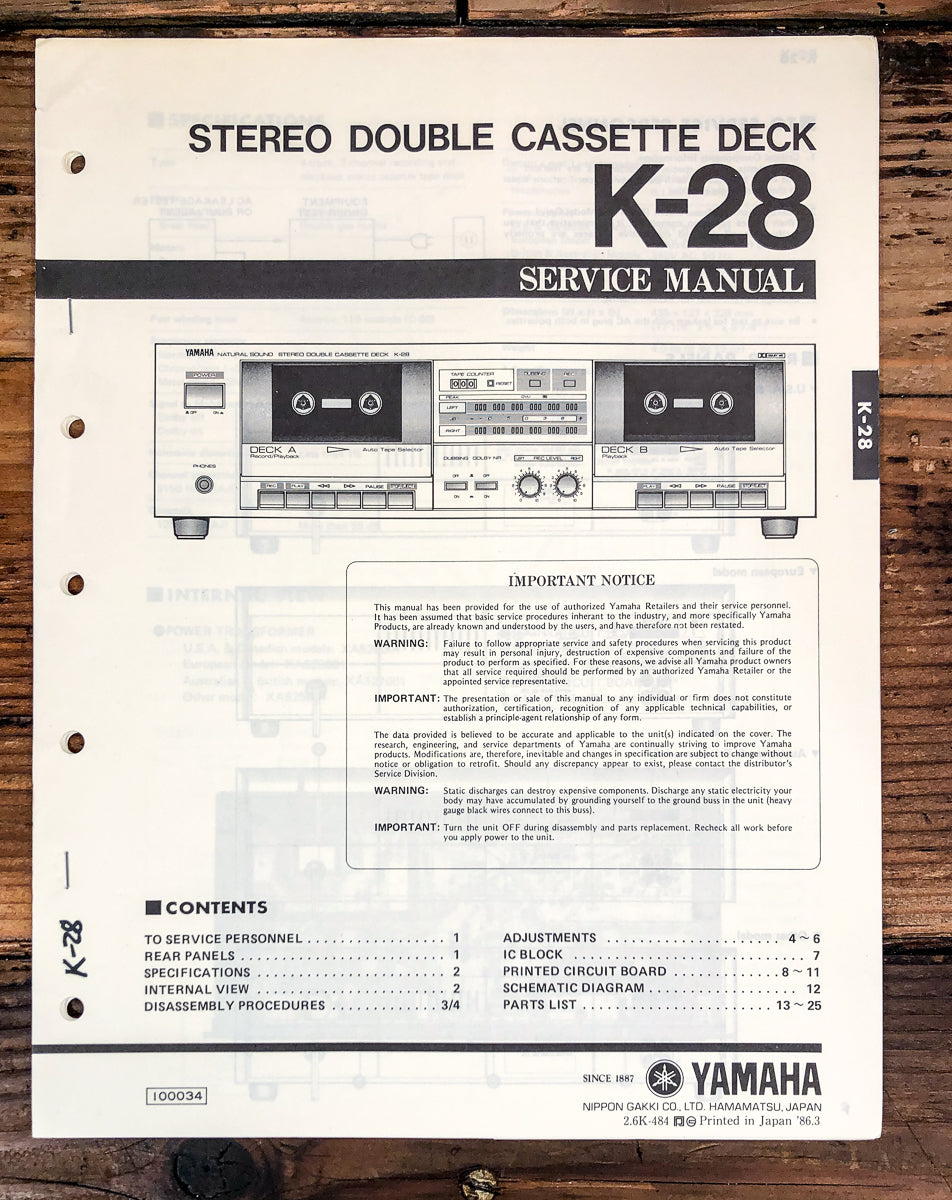 Yamaha K-28 Cassette Service Manual *Original*