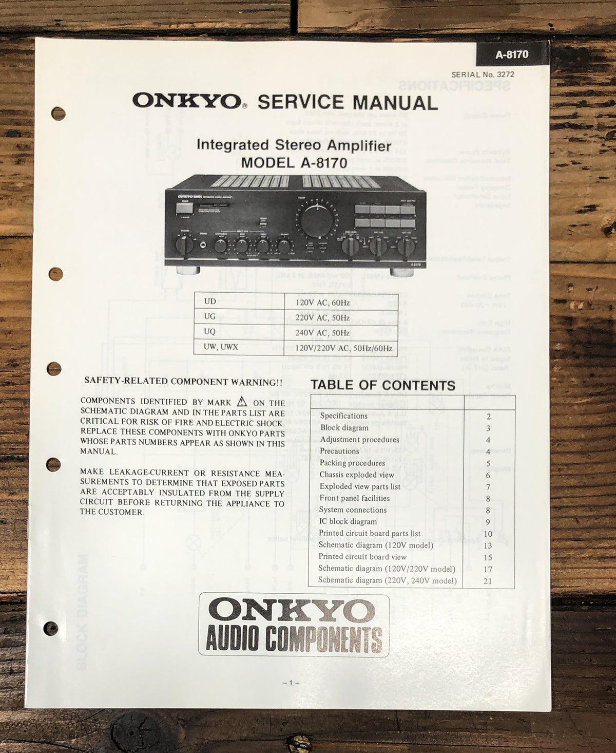 Onkyo A-8170 Amplifier Service Manual *Original*