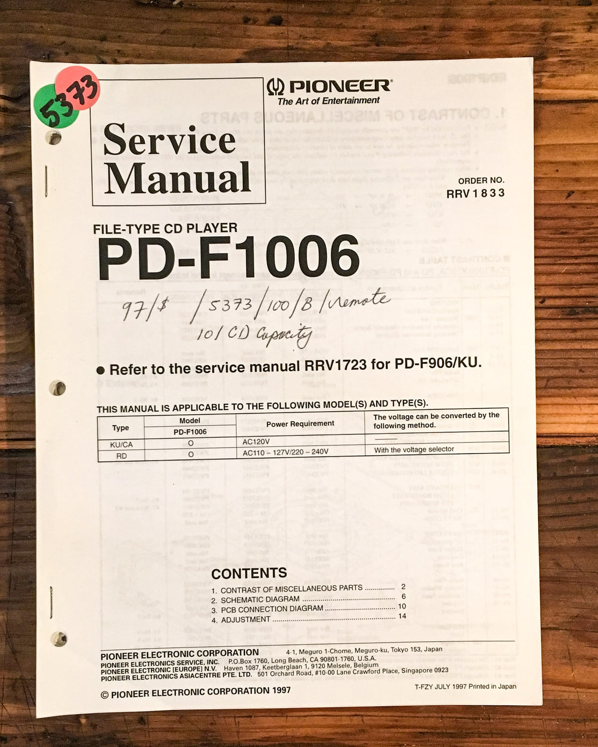Pioneer PD-F1006 CD Player Service Manual *Original*