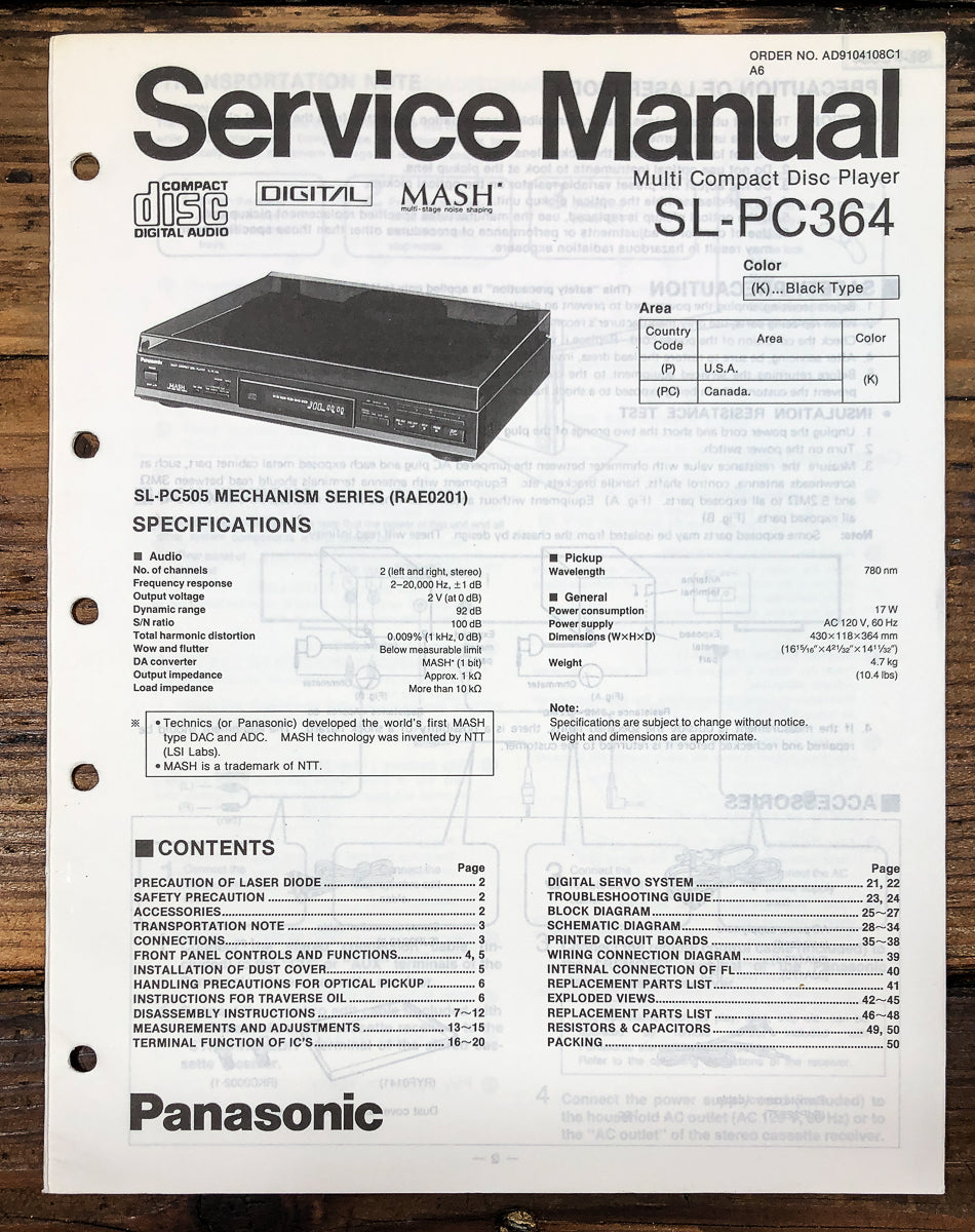 Technics SL-PC364 CD Player Service Manual *Original*