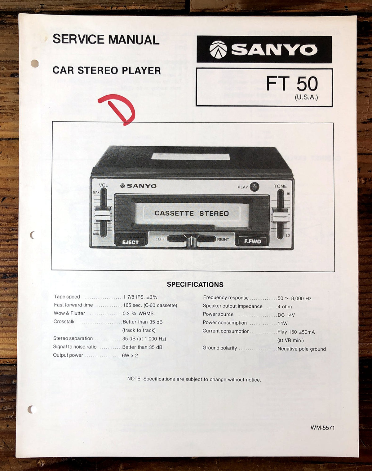 Sanyo FT 50 Car Stereo Player Service Manual *Original*