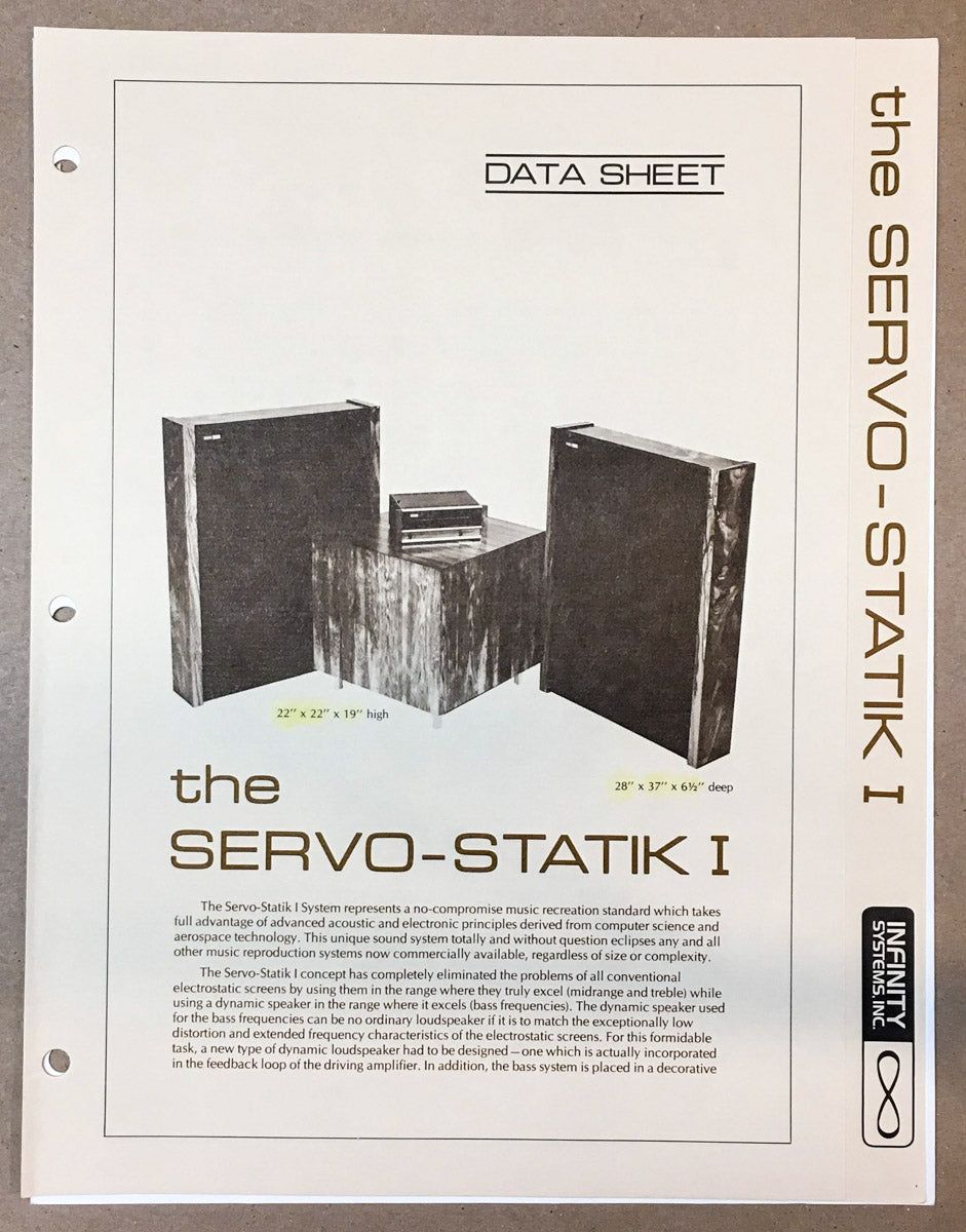 Infinity Servo-Statik I / 1 Speaker 2 pg Dealer Spec Sheet *Original*