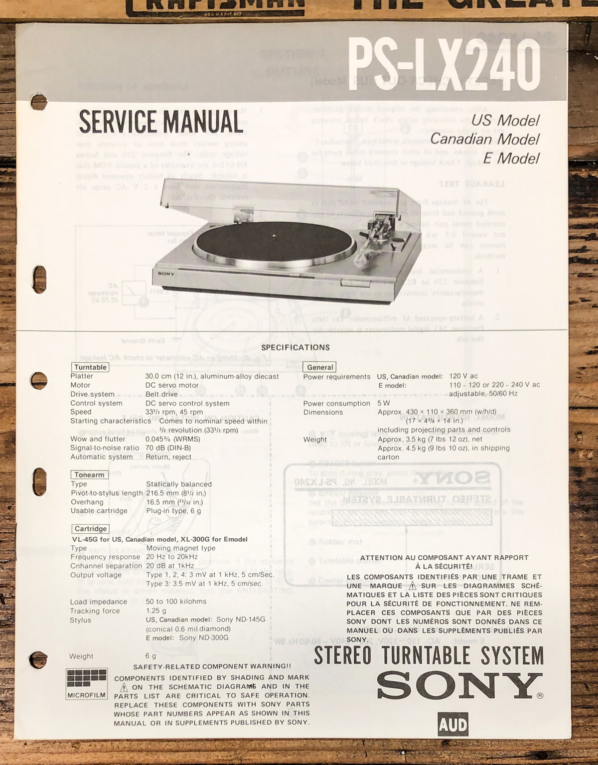 Sony PS-LX240 Record Player / Turntable Service Manual *Original*