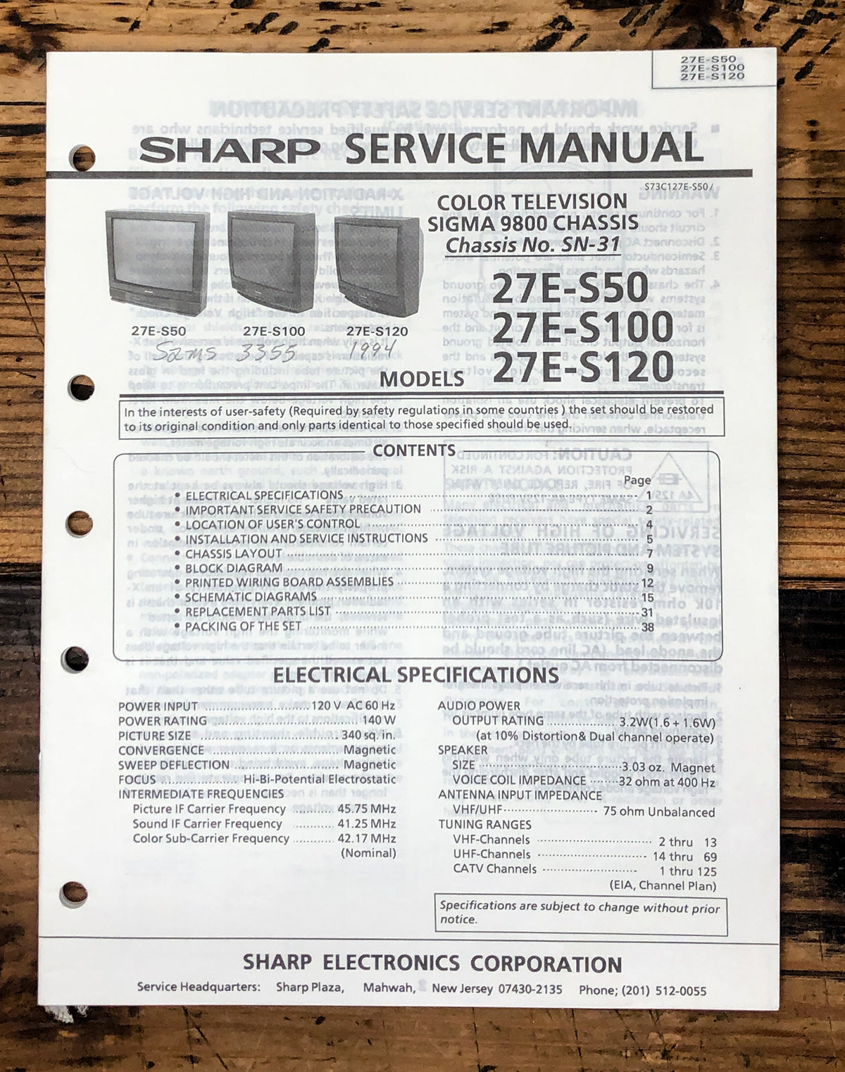 Sharp 27E-S50 27E-S100 27E-S120 TV / Television Service Manual *Original*