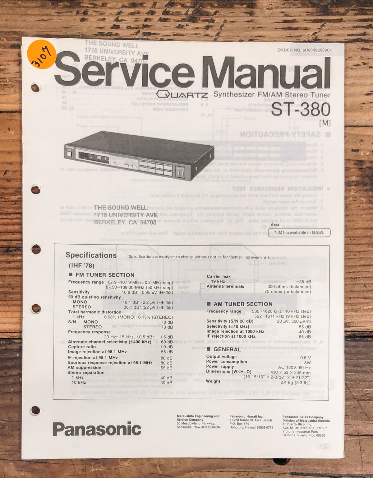 Technics ST-380 Tuner Service Manual *Original*