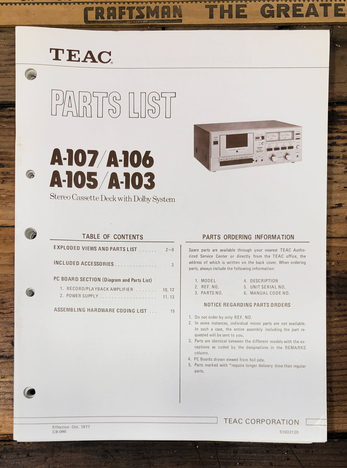 TEAC A-103 -105 -106 -107 Cassette Parts List Manual *Original*