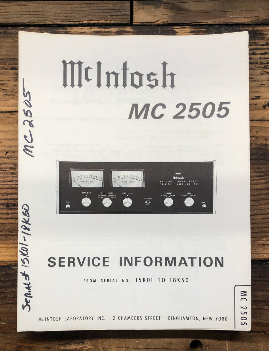 McIntosh MC2505 MC-2505 Amplifier Service Manual *Original*