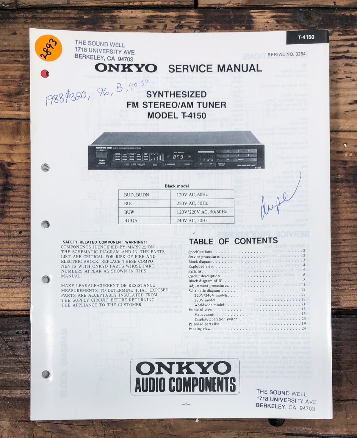 Onkyo T-4150 Tuner Service Manual *Original*