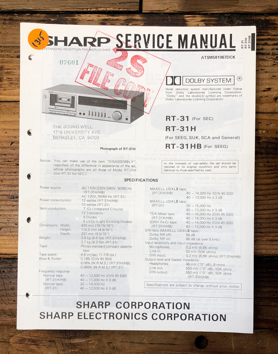 Sharp RT-31 RT-31H RT-31HB Cassette Service Manual *Original*