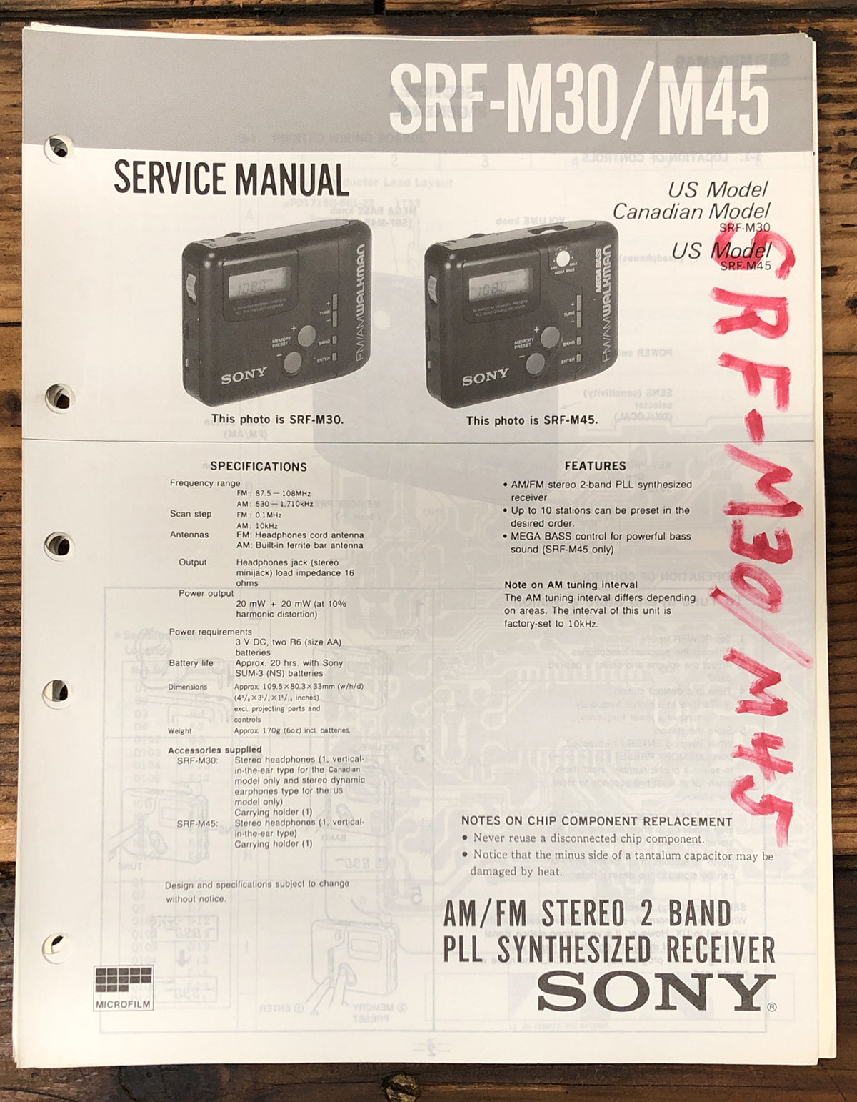 Sony SRF-M30 SRF-M45 Portable Radio / Receiver Service Manual *Original*