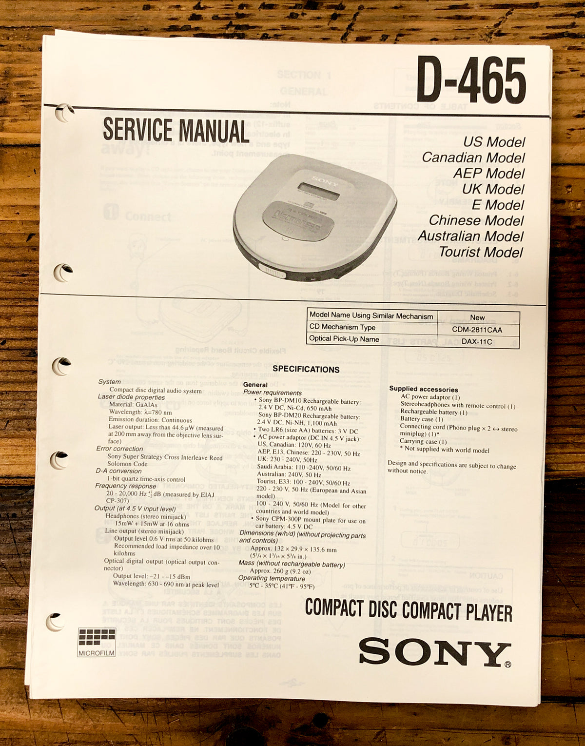 Sony D-465 CD Player / Discman Service Manual *Original*