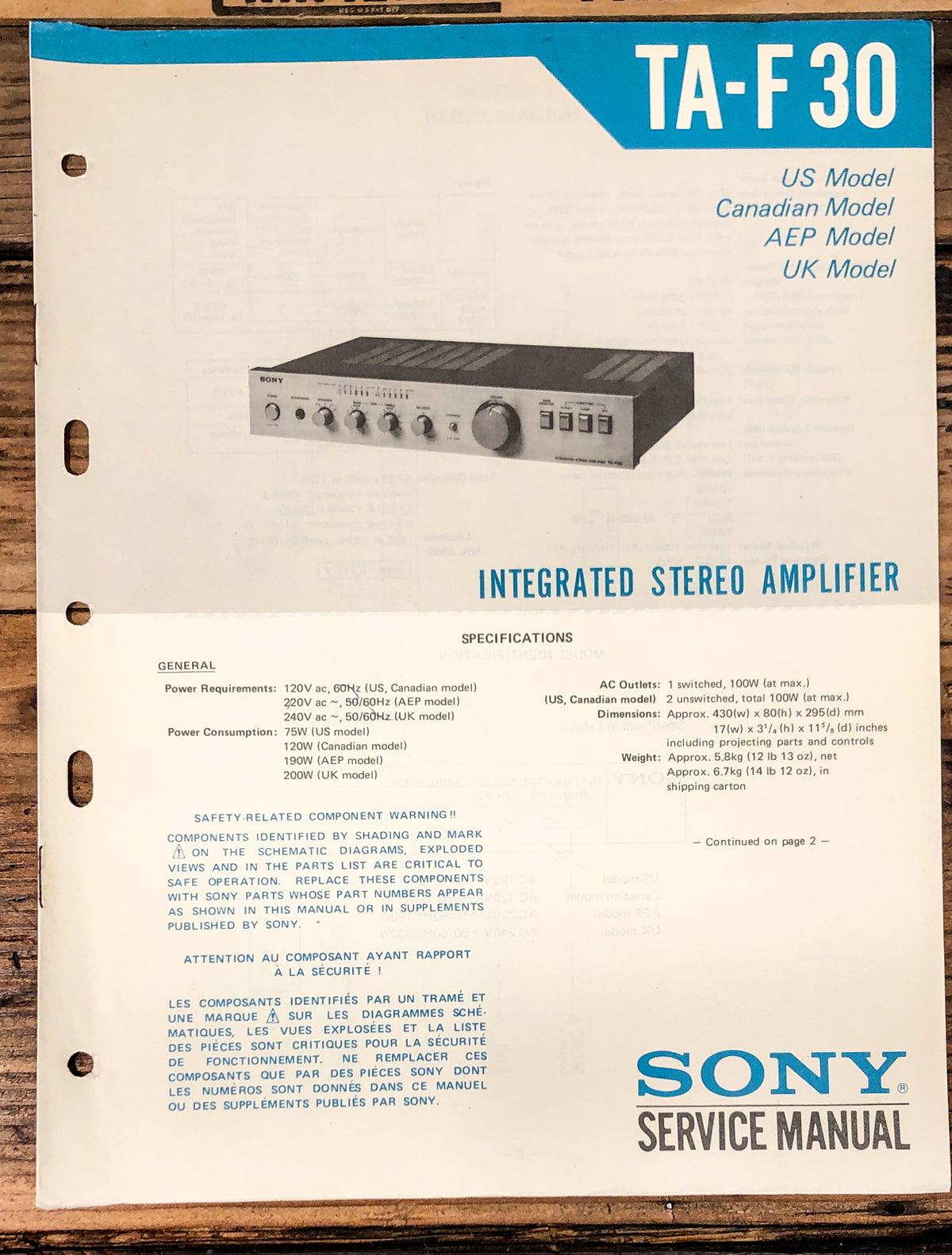 Sony TA-F30 Amplifier Service Manual *Original*