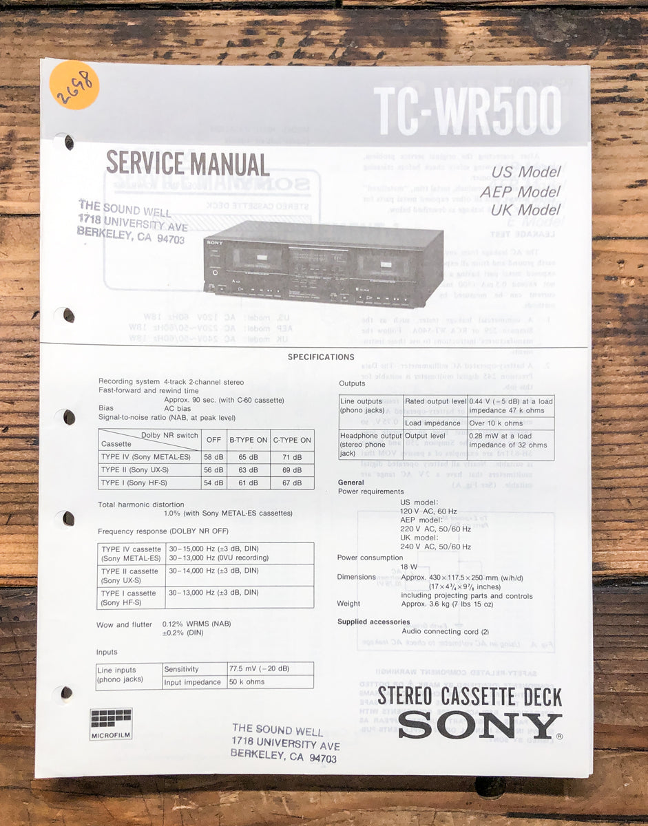 Sony TC-WR500 Cassette Service Manual *Original*