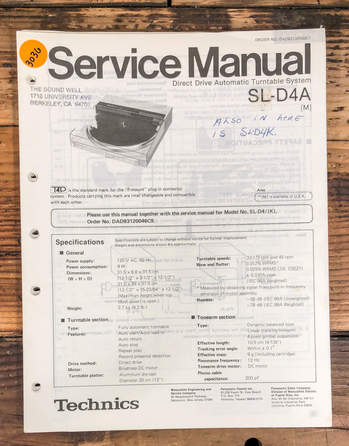 Technics SL-D4A Record Player / Turntable Service Manual *Original*