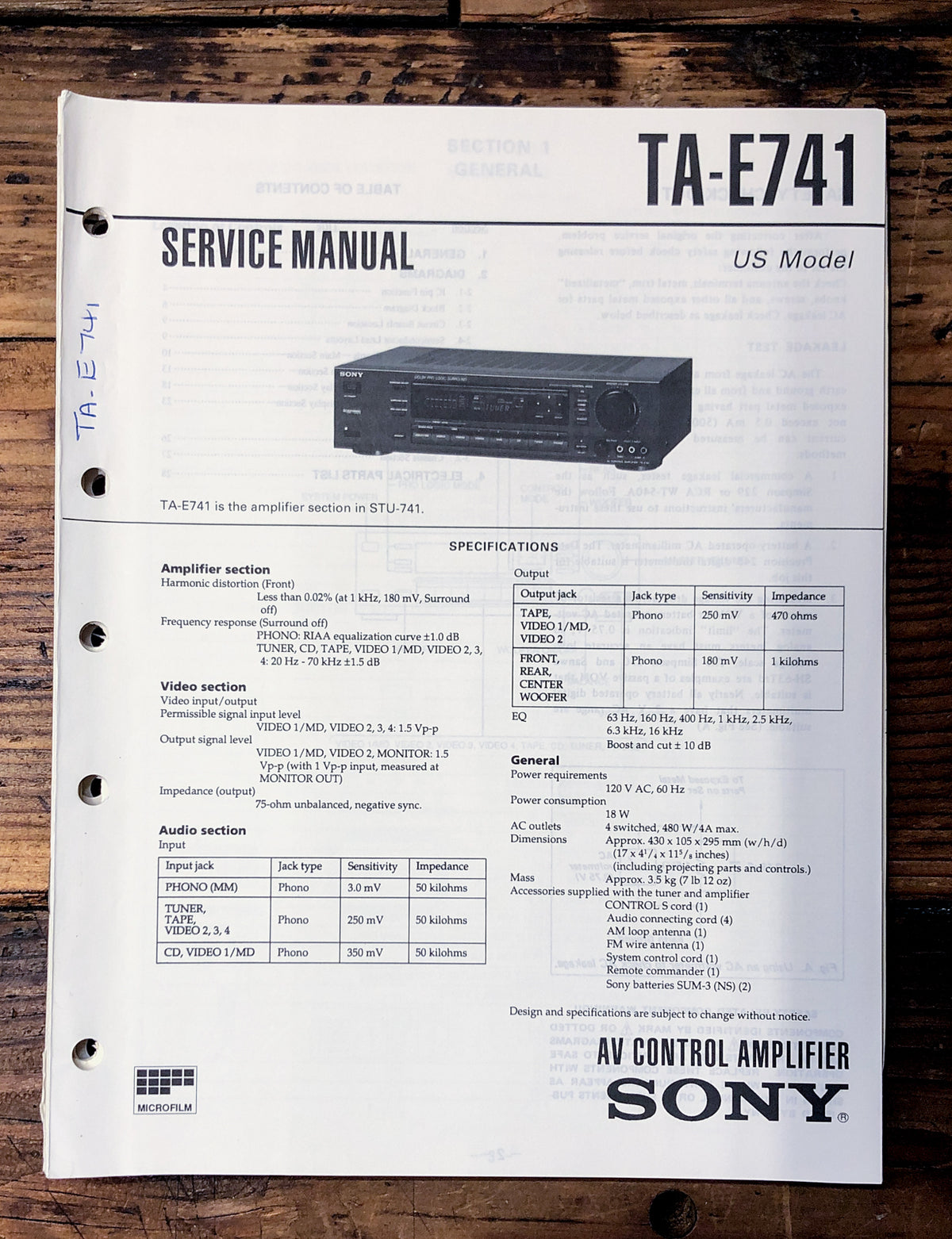 Sony TA-E741 Preamp / Preamplifier Service Manual *Original*
