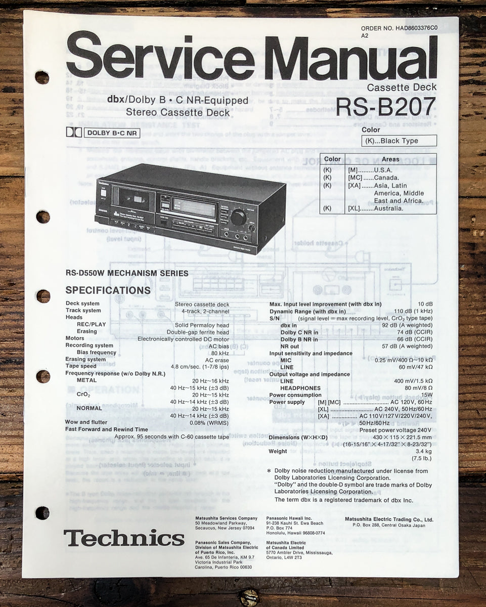 Technics RS-B207 Cassette Service Manual *Original*