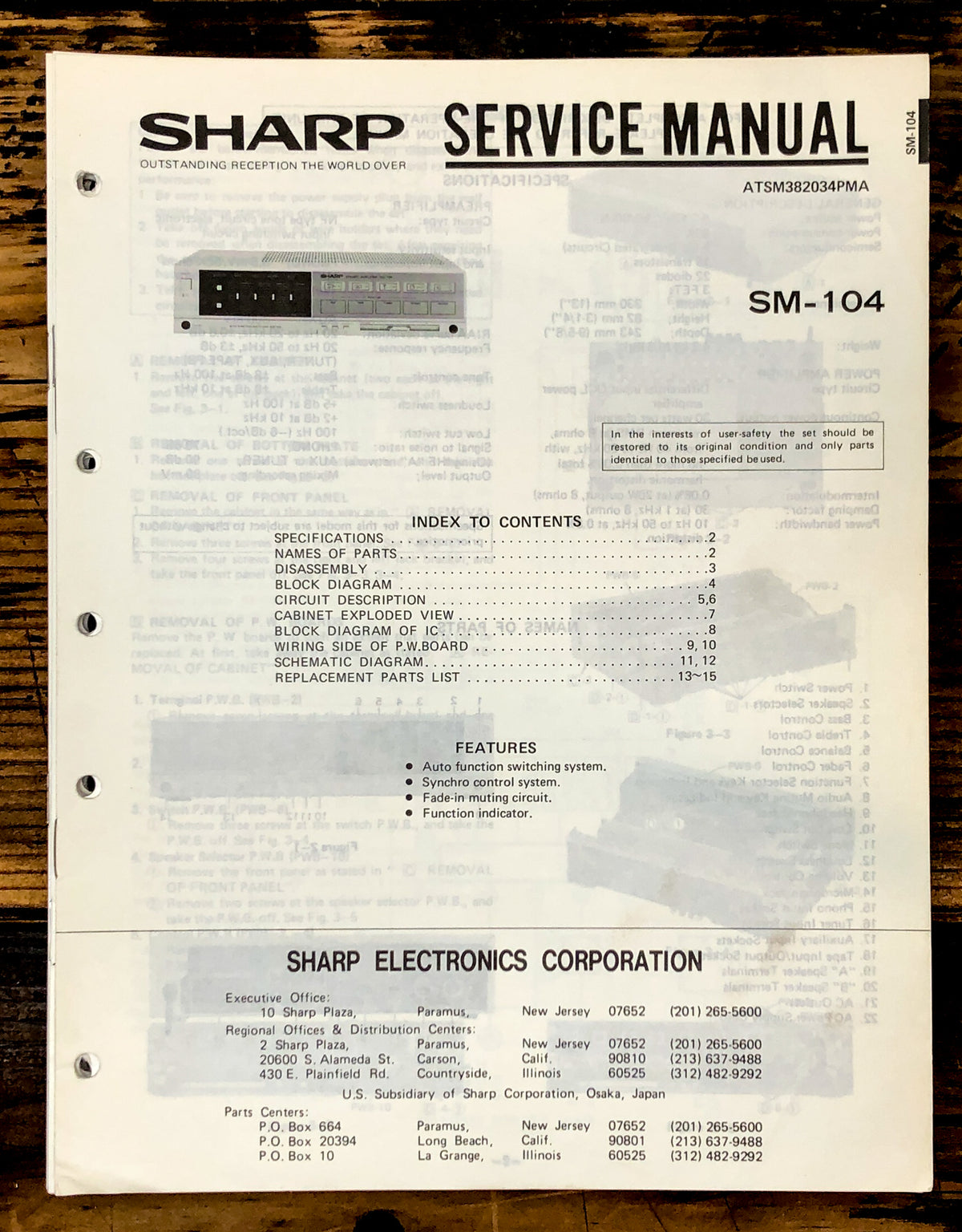 Sharp SM-104 Amplifier Service Manual *Original*